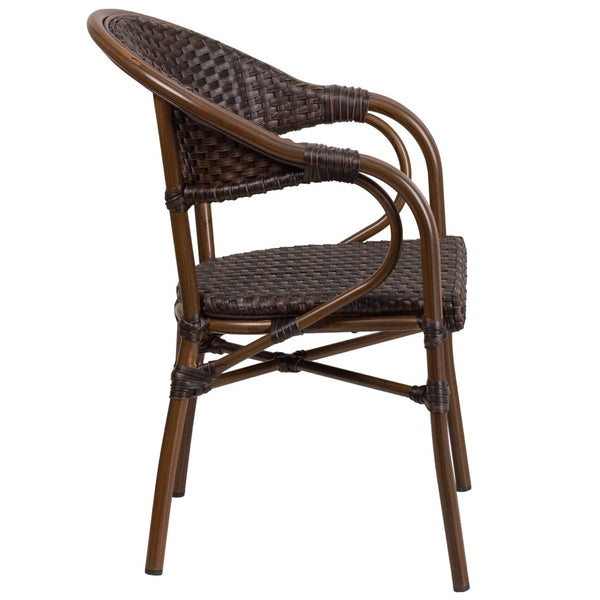 English Elm Milano Series Elegant Outdoor Restaurant Patio Chair for Cafés, Dining & Bistro Spaces Dark Brown Rattan/Red Bamboo-Aluminum Frame SDA-AD642003R-2-GG