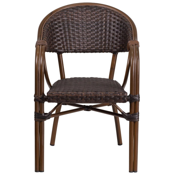English Elm Milano Series Elegant Outdoor Restaurant Patio Chair for Cafés, Dining & Bistro Spaces Dark Brown Rattan/Red Bamboo-Aluminum Frame SDA-AD642003R-2-GG