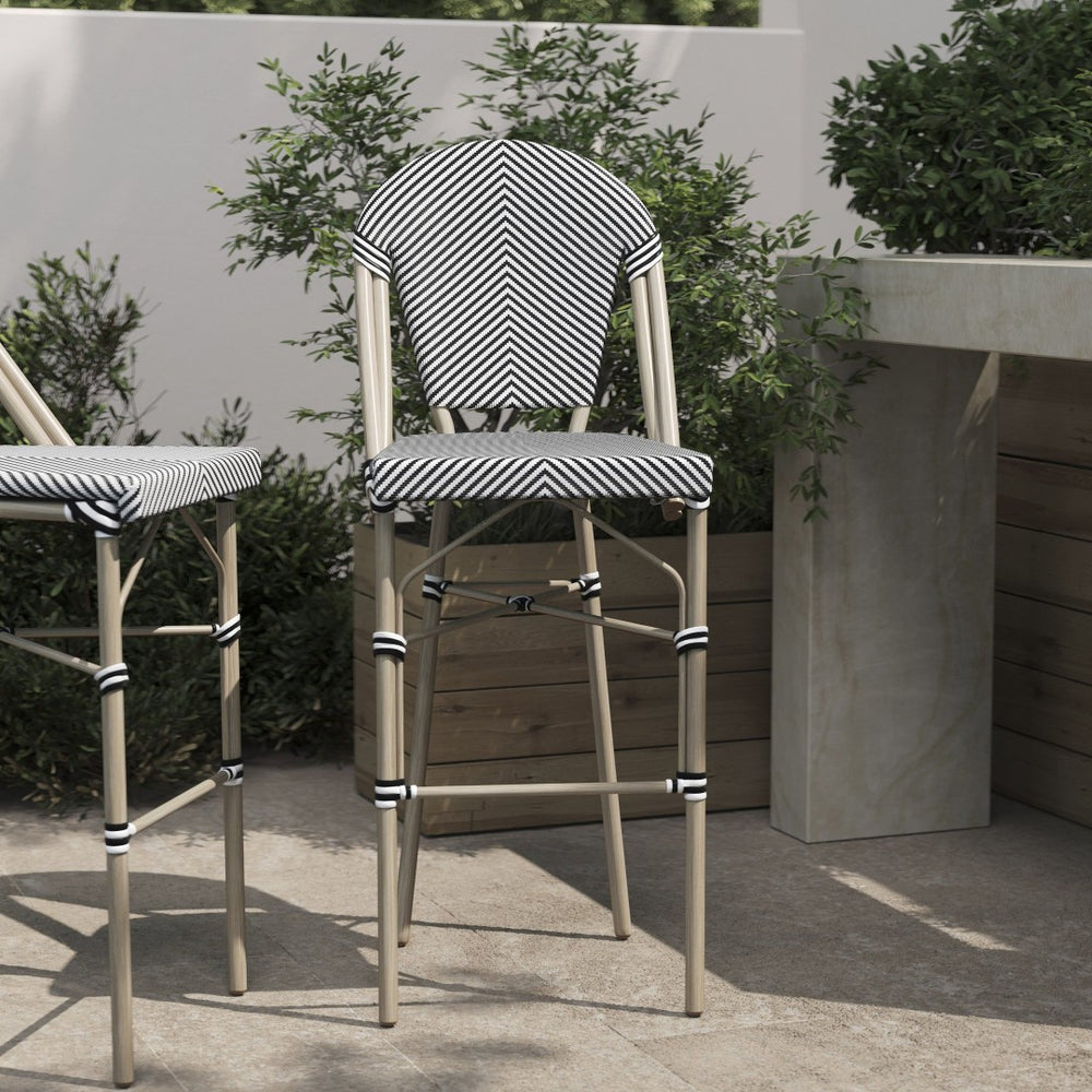 English Elm Marseille Stackable Bistro Barstool – Commercial-Grade Indoor/Outdoor Seating with Durable Comfort Black & White/Light Natural Frame SDA-AD642107-BS-BLKWH-LTNAT-GG