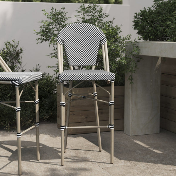 English Elm Marseille Stackable Bistro Barstool – Commercial-Grade Indoor/Outdoor Seating with Durable Comfort Black & White/Light Natural Frame SDA-AD642107-BS-BLKWH-LTNAT-GG