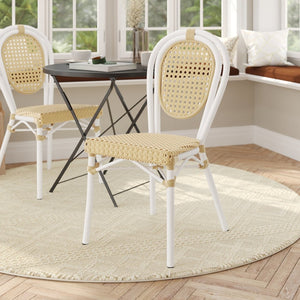 English Elm Cannes Indoor/Outdoor Bistro Chair - Durable PE Cane Rattan with Sturdy Aluminum Frame for Cafés Natural/White Frame SDA-AD642110-1-NAT-WH-GG