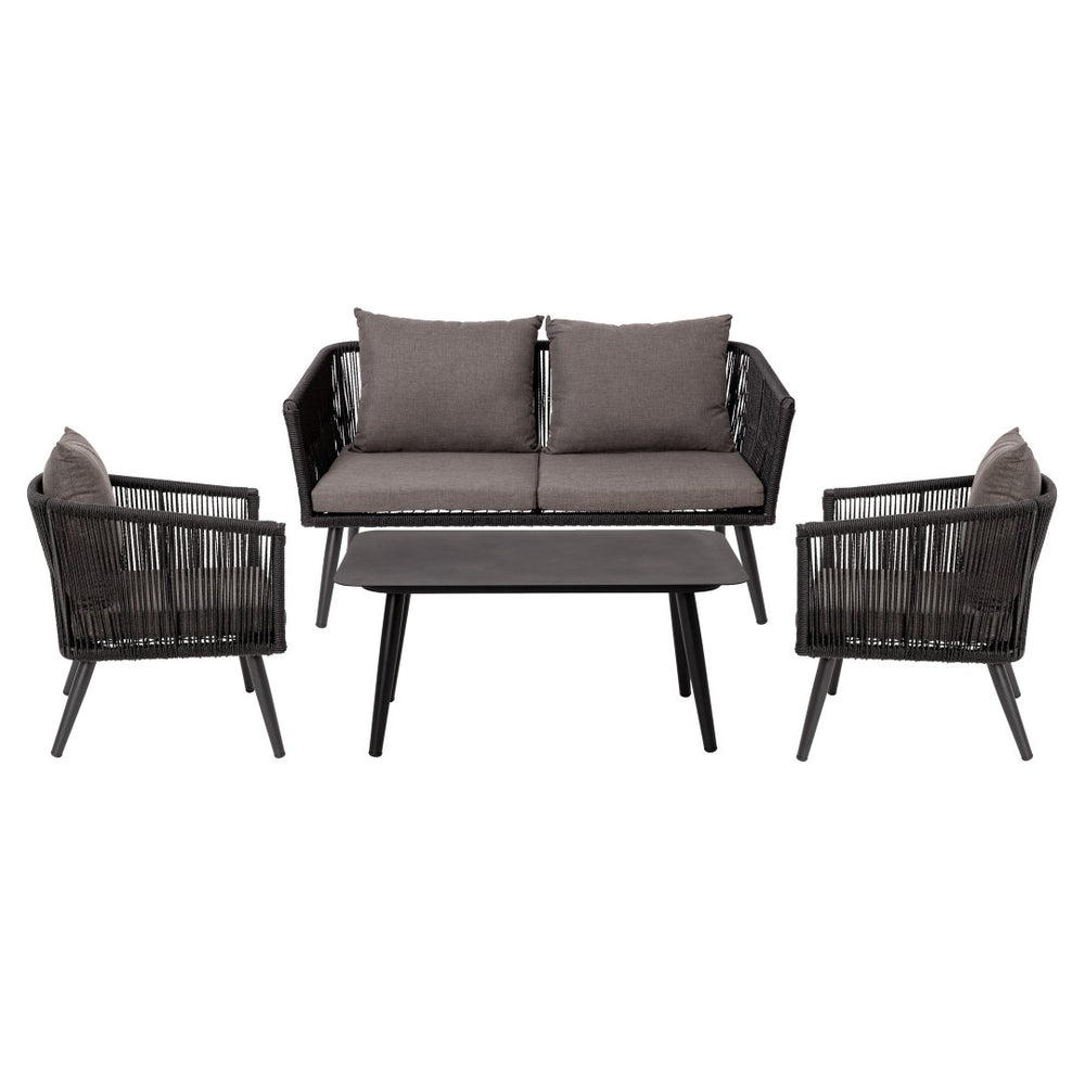English Elm Kierra Black All-Weather 4-Piece Woven Seating Set with Gray Cushions & Stylish Metal Coffee Table SDA-AD723002-4-BK-GG