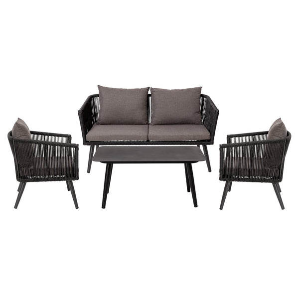 English Elm Kierra Black All-Weather 4-Piece Woven Seating Set with Gray Cushions & Stylish Metal Coffee Table SDA-AD723002-4-BK-GG