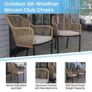 English Elm Kallie Set of 2 All-Weather Stacking Club Chairs with Rounded Arms for Stylish Outdoor Relaxation Ivory Cushion/Natural Frame SDA-AD892006-NAT-2-GG