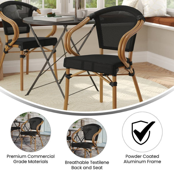 English Elm Marseille Bistro Stacking Chair - Stylish Indoor/Outdoor Seating with Bamboo Print Aluminum Frame Black/Natural Frame SDA-ADS642108-BK-NAT-GG
