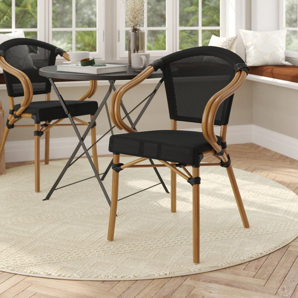 English Elm Marseille Bistro Stacking Chair - Stylish Indoor/Outdoor Seating with Bamboo Print Aluminum Frame Black/Natural Frame SDA-ADS642108-BK-NAT-GG