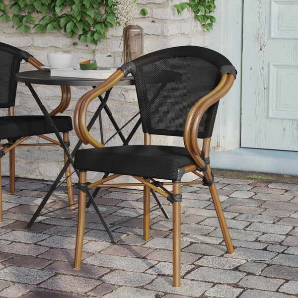 English Elm Marseille Bistro Stacking Chair - Stylish Indoor/Outdoor Seating with Bamboo Print Aluminum Frame Black/Natural Frame SDA-ADS642108-BK-NAT-GG