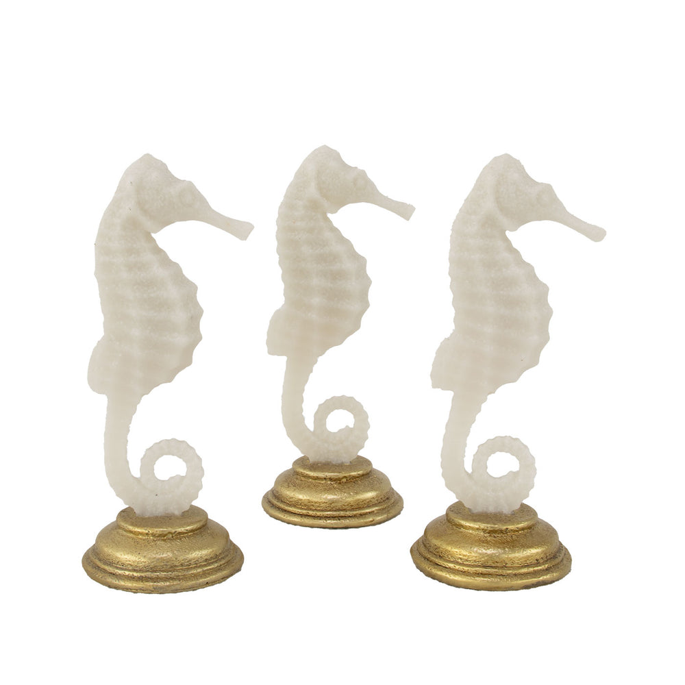 Zeugma Seahorses Set Of 3 - Elegant White Marble Finish With Gold Leaf, Stylish Coastal Decor Accent   Cf1120704