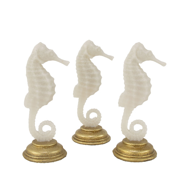 Zeugma Seahorses Set Of 3 - Elegant White Marble Finish With Gold Leaf, Stylish Coastal Decor Accent   Cf1120704