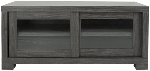 Safavieh Davis Contemporary Sliding-Door Entertainment Console For Smart Storage And Stylish Media Display Dark Grey/ Charcoal/ Woodgrain SEA1003B