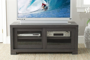 Safavieh Davis Contemporary Sliding-Door Entertainment Console For Smart Storage And Stylish Media Display Dark Grey/ Charcoal/ Woodgrain SEA1003B