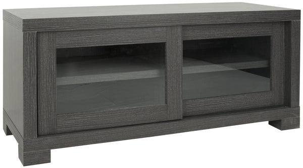 Safavieh Davis Contemporary Sliding-Door Entertainment Console For Smart Storage And Stylish Media Display Dark Grey/ Charcoal/ Woodgrain SEA1003B