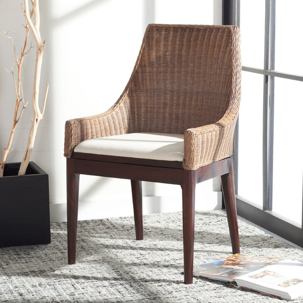 Safavieh Franco Sloping Chair - Coastal-Modern Elegance With Hand-Woven Rattan, Soft Cushion, And Mahogany Legs Brown / Natural / White SEA4000B