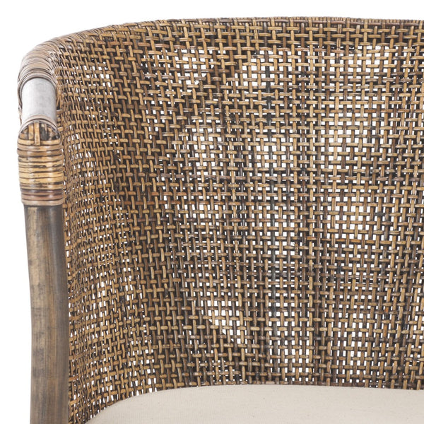 Safavieh Beningo Arm Chair - Artisan Rattan Back, Plush White Cushion, Mahogany Frame For Timeless Comfort SEA4001A