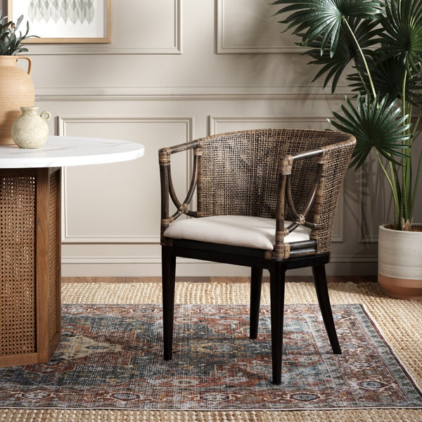 Safavieh Beningo Arm Chair - Artisan Rattan Back, Plush White Cushion, Mahogany Frame For Timeless Comfort SEA4001A