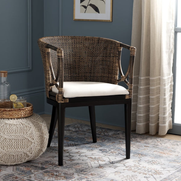 Safavieh Beningo Arm Chair - Artisan Rattan Back, Plush White Cushion, Mahogany Frame For Timeless Comfort SEA4001A
