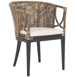 Safavieh Beningo Arm Chair - Artisan Rattan Back, Plush White Cushion, Mahogany Frame For Timeless Comfort SEA4001A