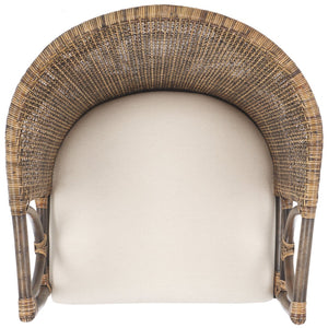 Safavieh Beningo Arm Chair - Artisan Rattan Back, Plush White Cushion, Mahogany Frame For Timeless Comfort SEA4001A