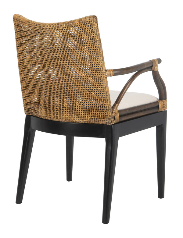 Safavieh Gianni Arm Chair - Contemporary British Colonial Design With Woven Rattan & Mahogany Elegance Brown / Black Legs / White Cushion SEA4011A