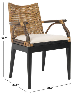 Safavieh Gianni Arm Chair - Contemporary British Colonial Design With Woven Rattan & Mahogany Elegance Brown / Black Legs / White Cushion SEA4011A