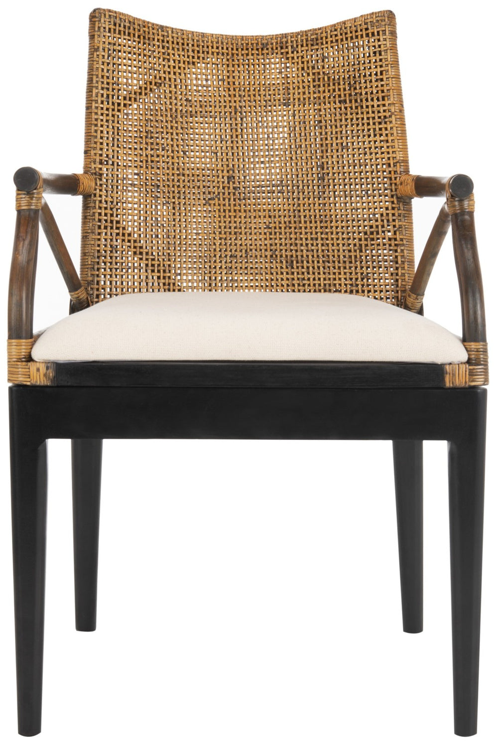 Safavieh Gianni Arm Chair - Contemporary British Colonial Design With Woven Rattan & Mahogany Elegance Brown / Black Legs / White Cushion SEA4011A