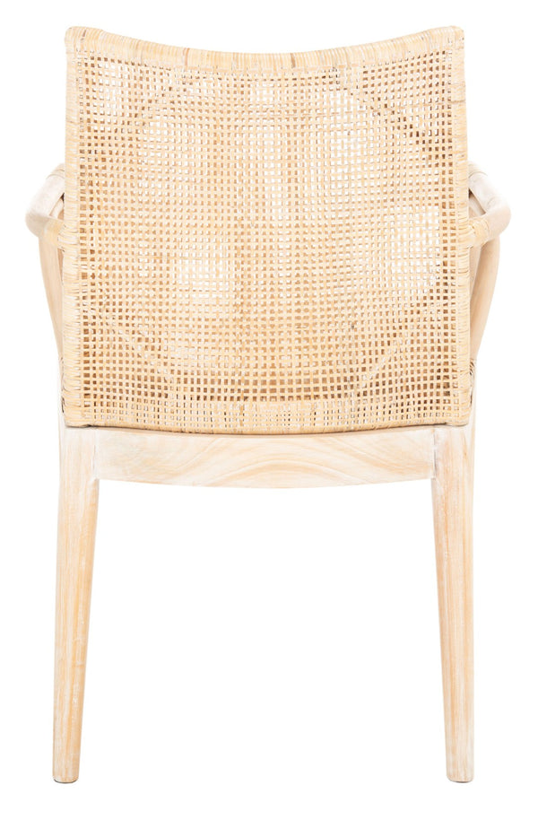Safavieh Gianni Arm Chair - Contemporary British Colonial Design With Woven Rattan & Mahogany Elegance Natural White Wash / White Wash Legs / White Cushion SEA4011B