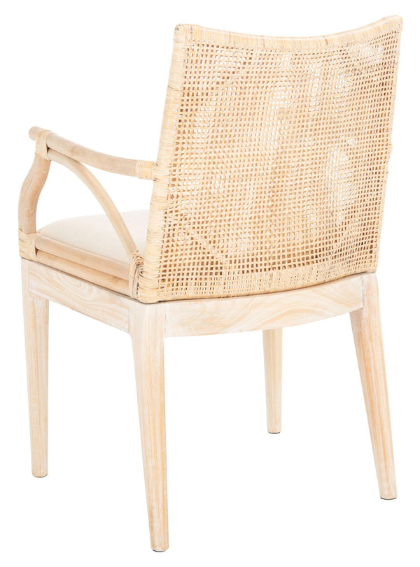 Safavieh Gianni Arm Chair - Contemporary British Colonial Design With Woven Rattan & Mahogany Elegance Natural White Wash / White Wash Legs / White Cushion SEA4011B