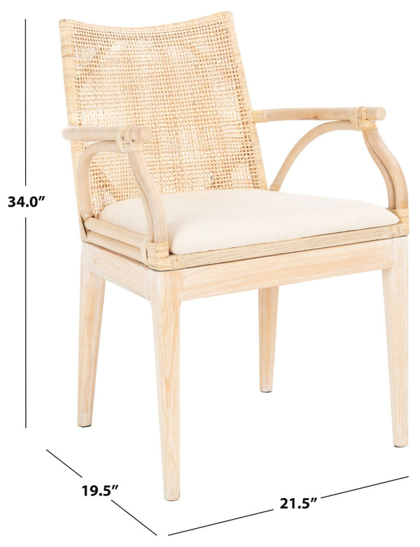 Safavieh Gianni Arm Chair - Contemporary British Colonial Design With Woven Rattan & Mahogany Elegance Natural White Wash / White Wash Legs / White Cushion SEA4011B