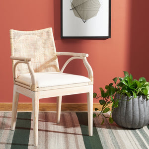 Safavieh Gianni Arm Chair - Contemporary British Colonial Design With Woven Rattan & Mahogany Elegance Natural White Wash / White Wash Legs / White Cushion SEA4011B