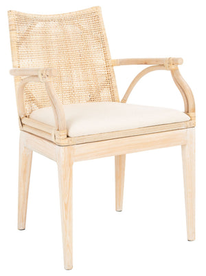 Safavieh Gianni Arm Chair - Contemporary British Colonial Design With Woven Rattan & Mahogany Elegance Natural White Wash / White Wash Legs / White Cushion SEA4011B