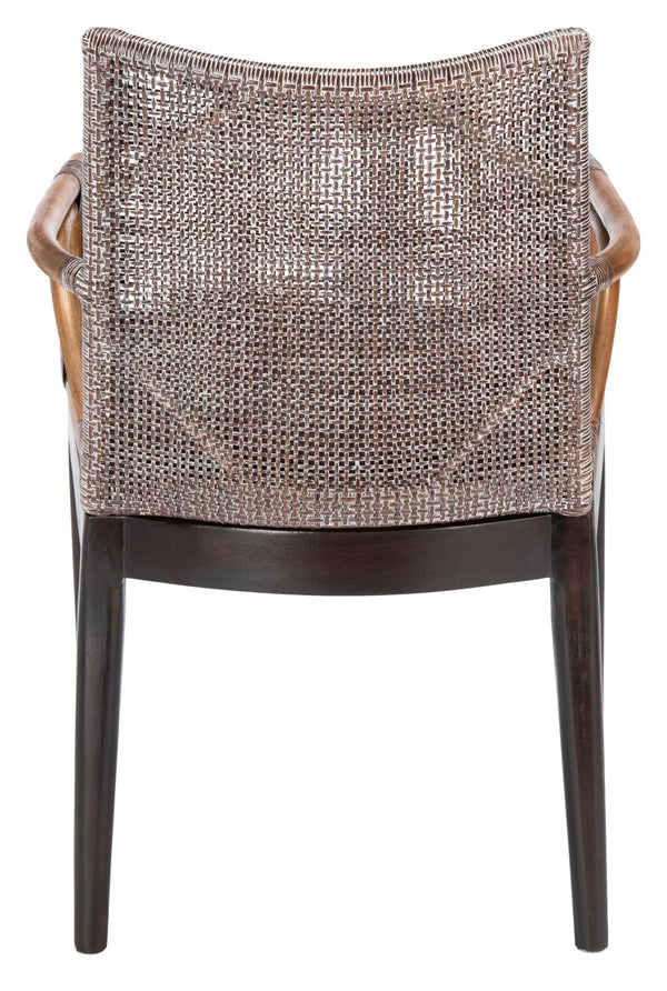 Safavieh Gianni Arm Chair - Contemporary British Colonial Design With Woven Rattan & Mahogany Elegance Brown White Wash / Brown Legs/ Dark Brown Cushion SEA4011C