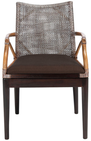 Safavieh Gianni Arm Chair - Contemporary British Colonial Design With Woven Rattan & Mahogany Elegance Brown White Wash / Brown Legs/ Dark Brown Cushion SEA4011C