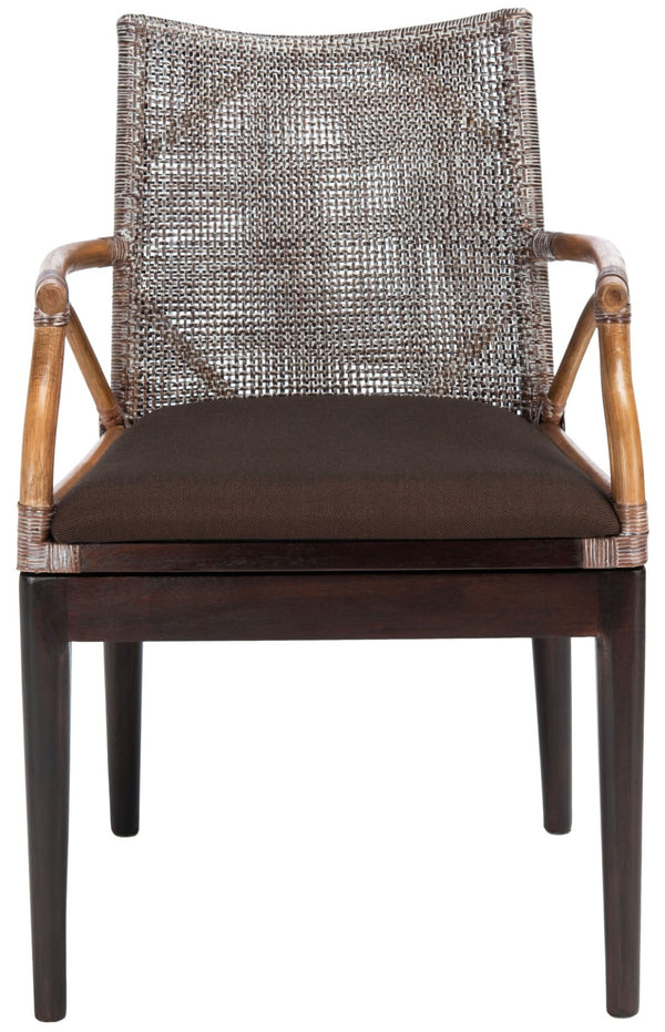 Safavieh Gianni Arm Chair - Contemporary British Colonial Design With Woven Rattan & Mahogany Elegance Brown White Wash / Brown Legs/ Dark Brown Cushion SEA4011C