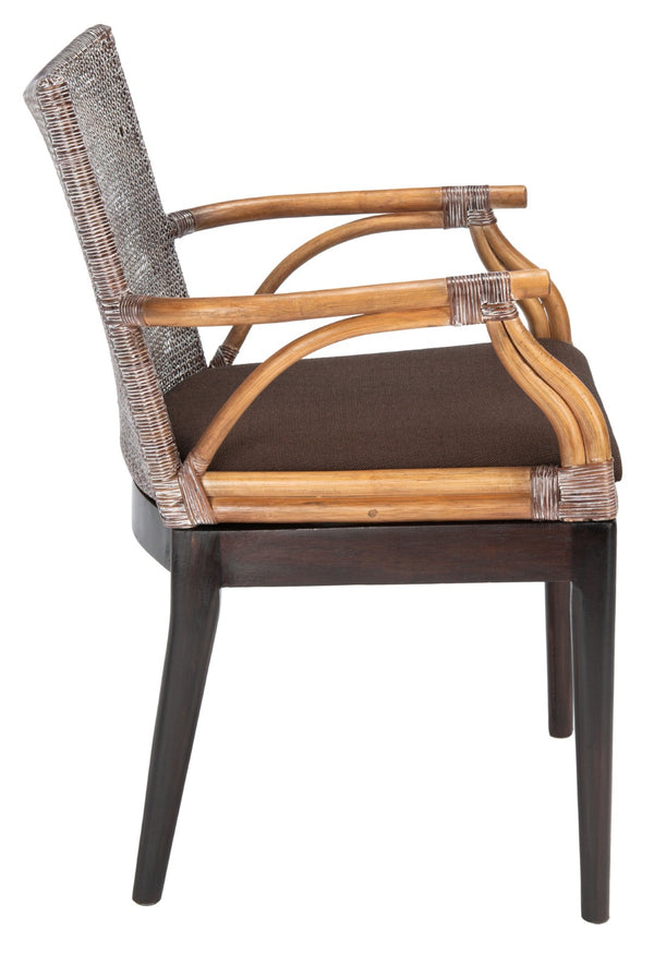 Safavieh Gianni Arm Chair - Contemporary British Colonial Design With Woven Rattan & Mahogany Elegance Brown White Wash / Brown Legs/ Dark Brown Cushion SEA4011C