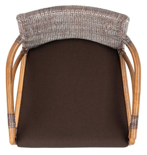 Safavieh Gianni Arm Chair - Contemporary British Colonial Design With Woven Rattan & Mahogany Elegance Brown White Wash / Brown Legs/ Dark Brown Cushion SEA4011C