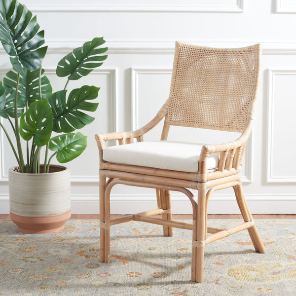 Safavieh Donatella Rattan Chair – Chic Coastal Accent For Living Rooms, Sunrooms & Bohemian Interiors Natural White Wash / White Cushion SEA4012A