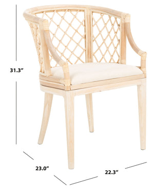 Safavieh Carlotta Arm Chair - Coastal-Chic Elegance With Sculpted Rattan & Plush Cushion For Stylish Comfort Natural White Wash / White Wash Legs / White Cushion SEA4013B