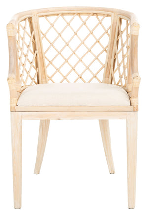 Safavieh Carlotta Arm Chair - Coastal-Chic Elegance With Sculpted Rattan & Plush Cushion For Stylish Comfort Natural White Wash / White Wash Legs / White Cushion SEA4013B