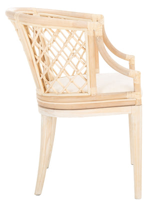 Safavieh Carlotta Arm Chair - Coastal-Chic Elegance With Sculpted Rattan & Plush Cushion For Stylish Comfort Natural White Wash / White Wash Legs / White Cushion SEA4013B
