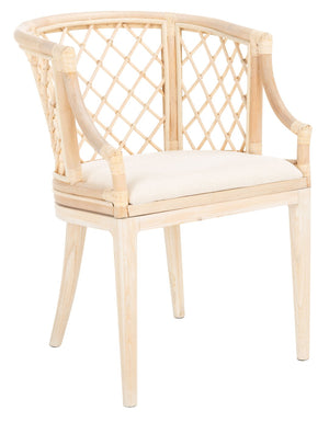 Safavieh Carlotta Arm Chair - Coastal-Chic Elegance With Sculpted Rattan & Plush Cushion For Stylish Comfort Natural White Wash / White Wash Legs / White Cushion SEA4013B