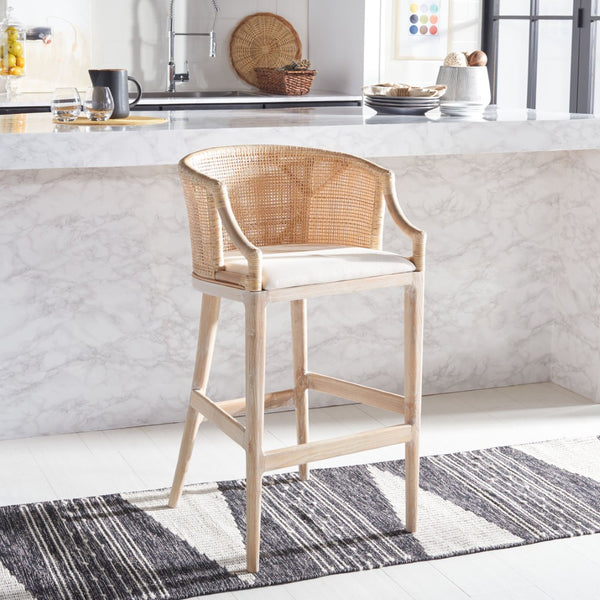 Safavieh Brando Bar Stool - Exquisite Mahogany Frame With Rattan Back For Elegant Comfort And Style Natural / White SEA4014C
