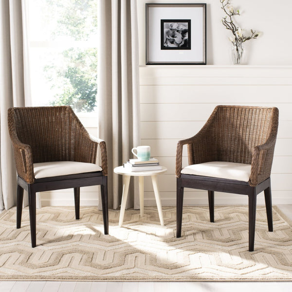 Safavieh Enrico Arm Chair – Coastal Luxury With Woven Rattan, Mahogany Legs & Plush Cushion For Any Space SEA4016A