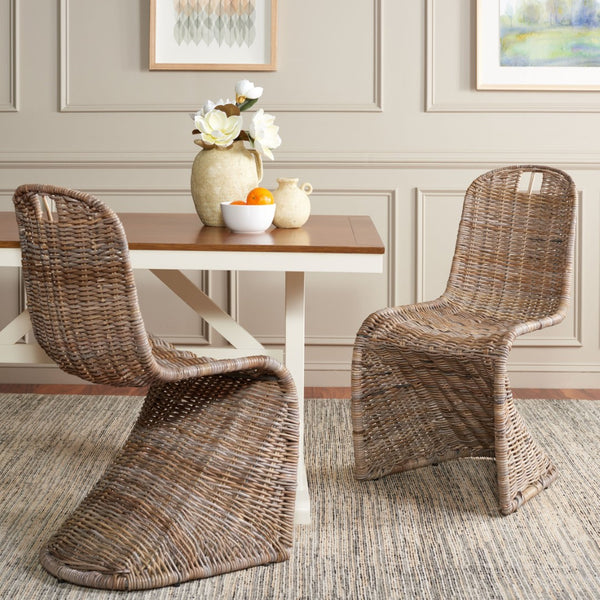 Safavieh CILOMBO Dining Chairs in Grey - Handwoven Rattan Elegance for Chic Dining Spaces & Gatherings SEA7007A-SET2