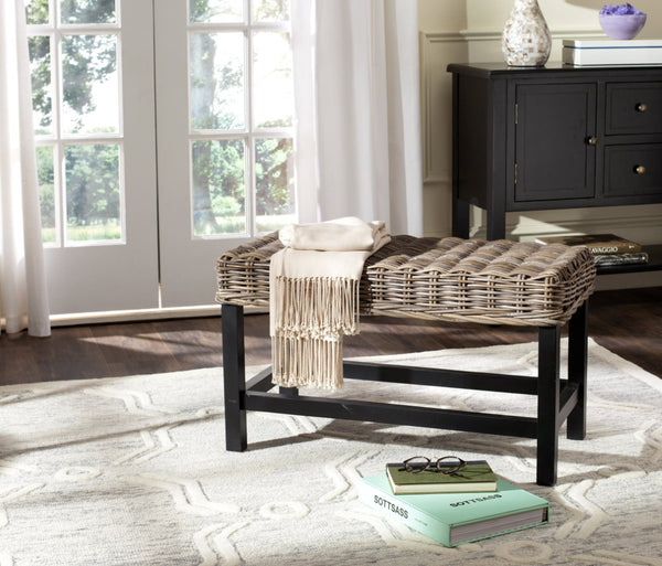 Safavieh Omari Wicker Bench - Natural Rattan With Mahogany Legs For Cozy Entryway Or Living Room Seating SEA7014A