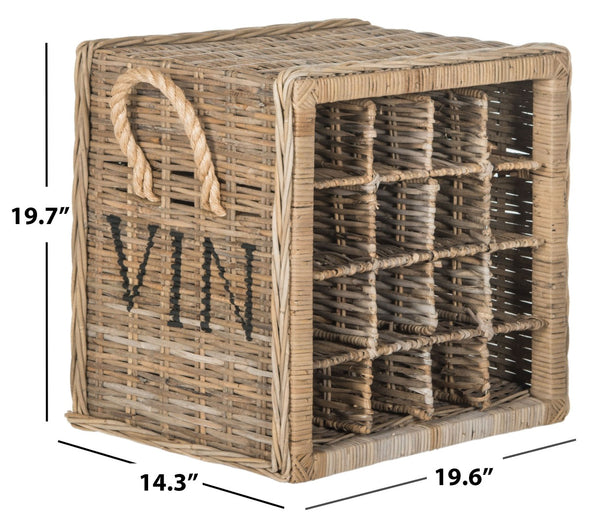Safavieh Aziza Rustic Grey Wicker Wine Rack For 16 Bottles - Handcrafted Rattan With Mahogany Accents SEA7016A