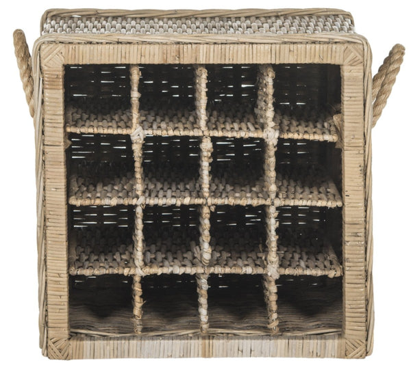 Safavieh Aziza Rustic Grey Wicker Wine Rack For 16 Bottles - Handcrafted Rattan With Mahogany Accents SEA7016A