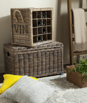 Safavieh Aziza Rustic Grey Wicker Wine Rack For 16 Bottles - Handcrafted Rattan With Mahogany Accents SEA7016A