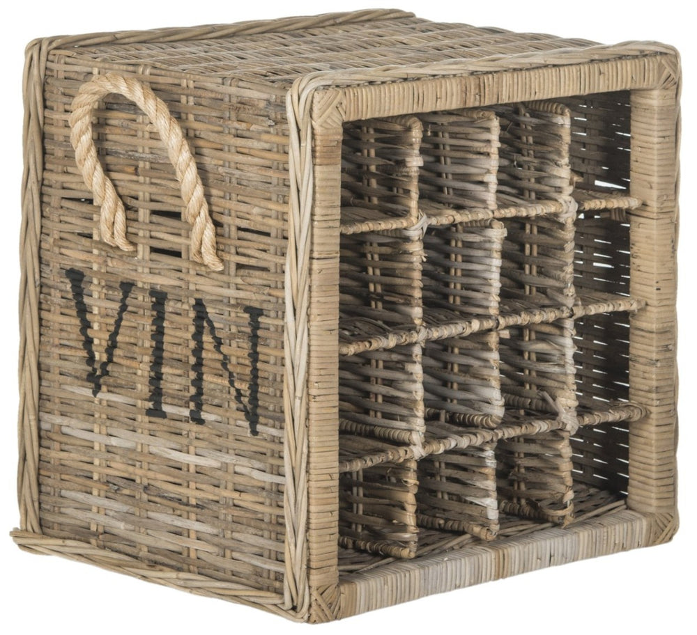 Safavieh Aziza Rustic Grey Wicker Wine Rack For 16 Bottles - Handcrafted Rattan With Mahogany Accents SEA7016A