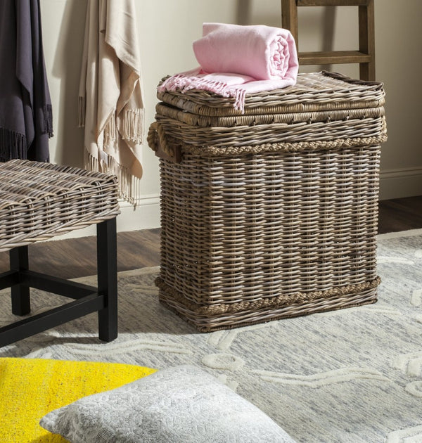 Safavieh Sidonie Wicker Storage Hamper - Tall Grey Rattan Basket For Stylish Organization & Coastal Charm SEA7020A