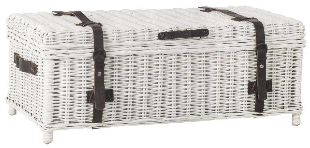 Safavieh Navarro Vintage-Inspired Rattan Coffee Table Trunk With Storage, Hinged Top, Perfect For Home Décor White SEA7022A